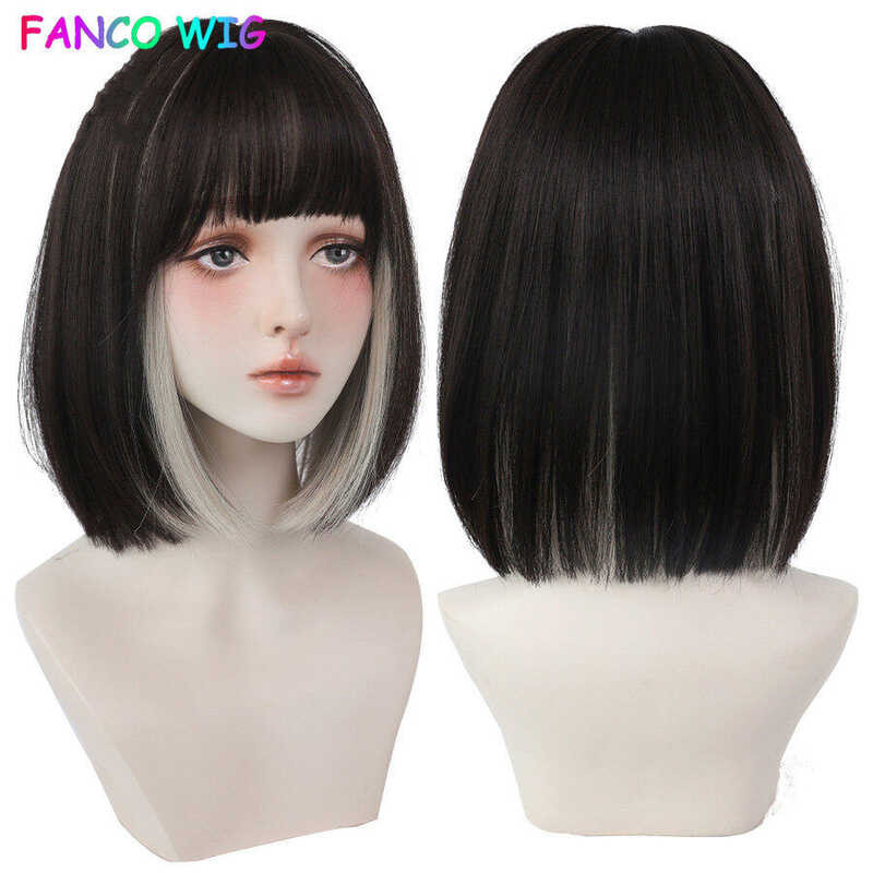 ➧ 7Jhh WIGS Extension Human Hair Washable Black Short Bob Straight Gold Double Bangs Dyed Synthet