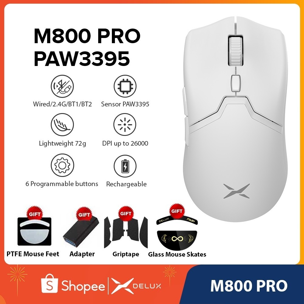 Delux M800PRO PAW3395 เมาส์เกมมิ่งไร้สาย น้ําหนักเบา 72 กรัม สําหรับ PC Gaming White