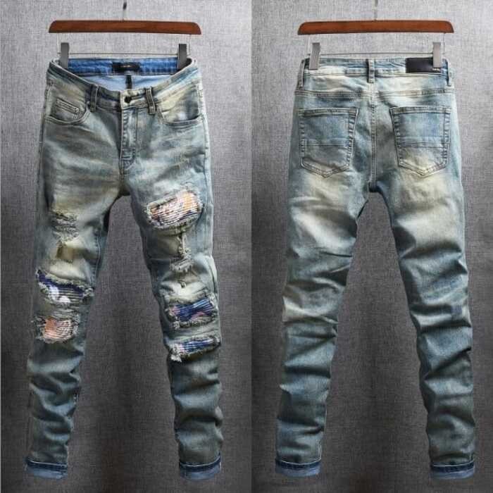 pants trendy AMIRI brand high street Amiri light blue embroidered patch stretch slim fit jeans with