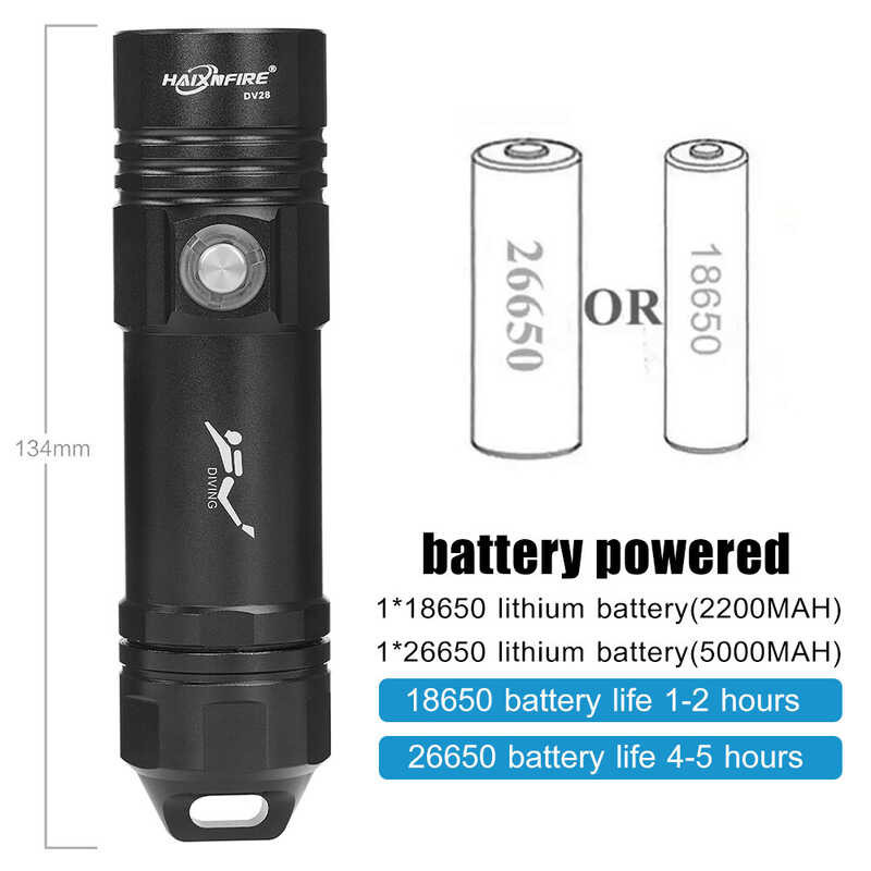 Haixnfire Dv28ไฟฉายดำน้ำลึก,ไฟฉายกันน้ำ26650/18650แบตเตอรี่ไฟฉ