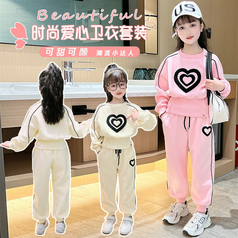 เด็กหญิงอายุ 3-14 ปีชุดเสื้อกันหนาวเด็กกีฬาสองชิ้นสาวเกาหลีแฟชั่นรักวงกลมคอลื่นคอชุดยาวกางเกงชุดยาว