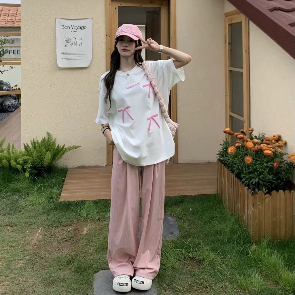 Luna shop🍒เสื้อยืดผู้หญิงสีขาว OVERSIZE ดีไซน์โบว์น่ารัก น่ารักมาก - รูปที่ 5