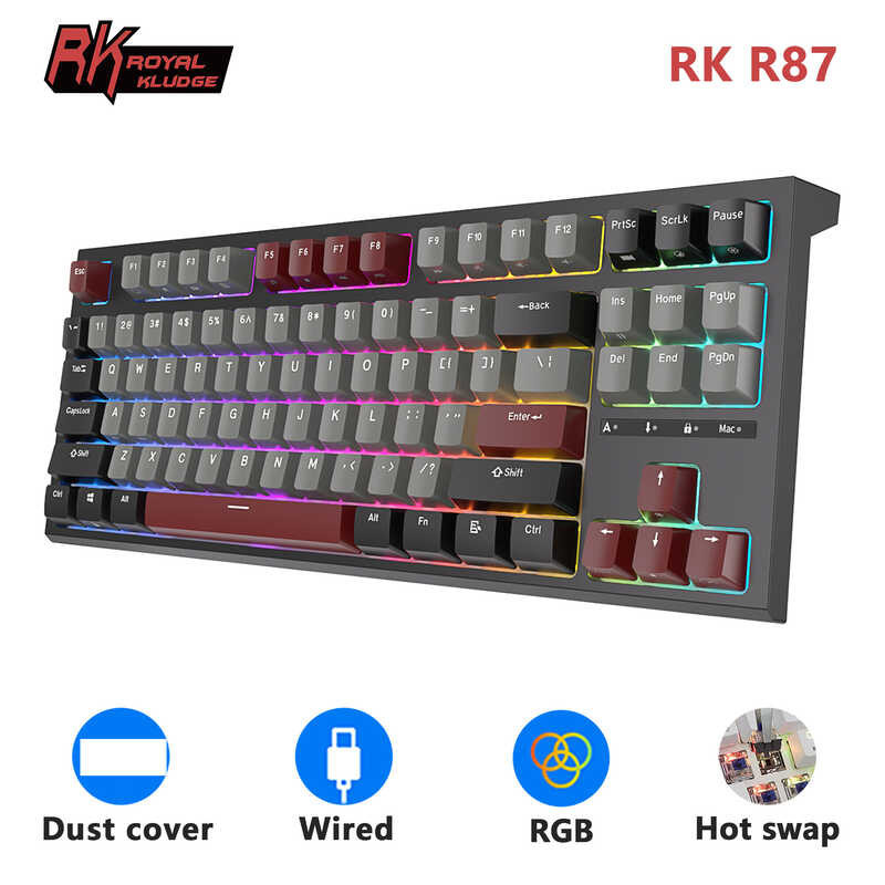 Kludge RK Royal R87 Wired Mechanical 87 Keys RGB Backlit Hot Swap Gaming Keyboard Customized Keycap