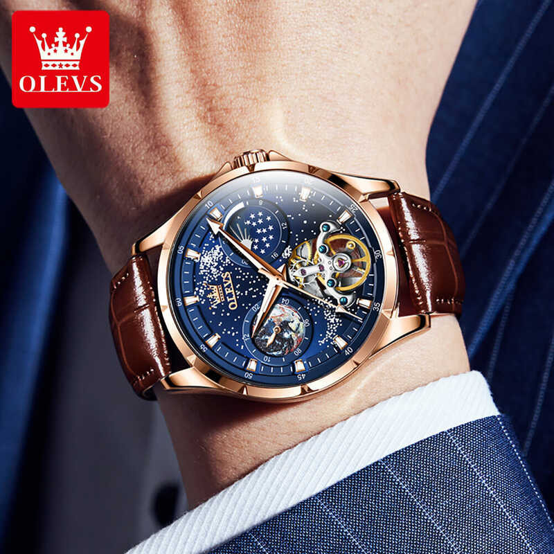 original OLEVS brand waterproof watch for men automatic mechanical movement star dial genuine leath 