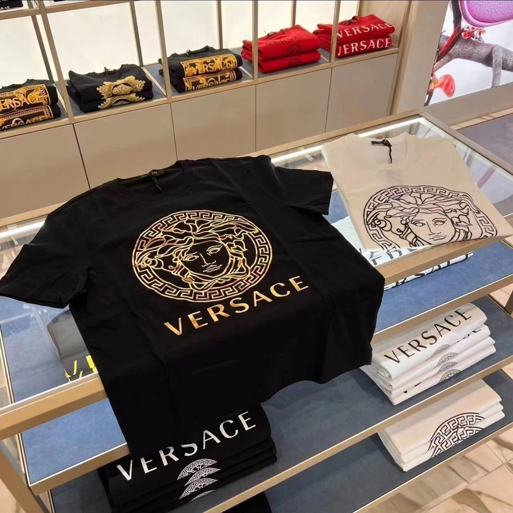 Versace Vsaki เสื้อยืดแขนสั้นผ้าฝ้ายแท้ Heavyweight เสื้อยืดผู้ชายแขนสั้น Hiphop พิมพ์อเมริกัน 2023 