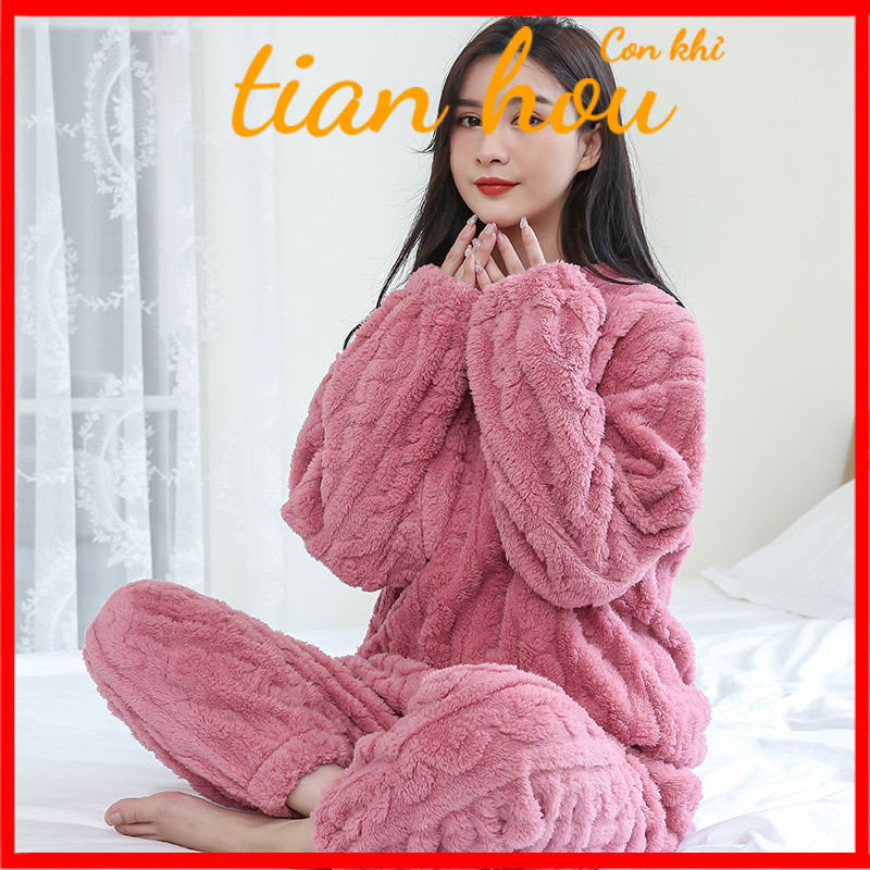 สินค้าใหม่ชุดกางเกงวอร์มผ้าสักหลาดสำหรับผู้หญิงชุดใส่ในบ้านหนาพิเศษผ้าคอรัลฟลีซอบอุ่นหลวมสบายๆไซส์ให