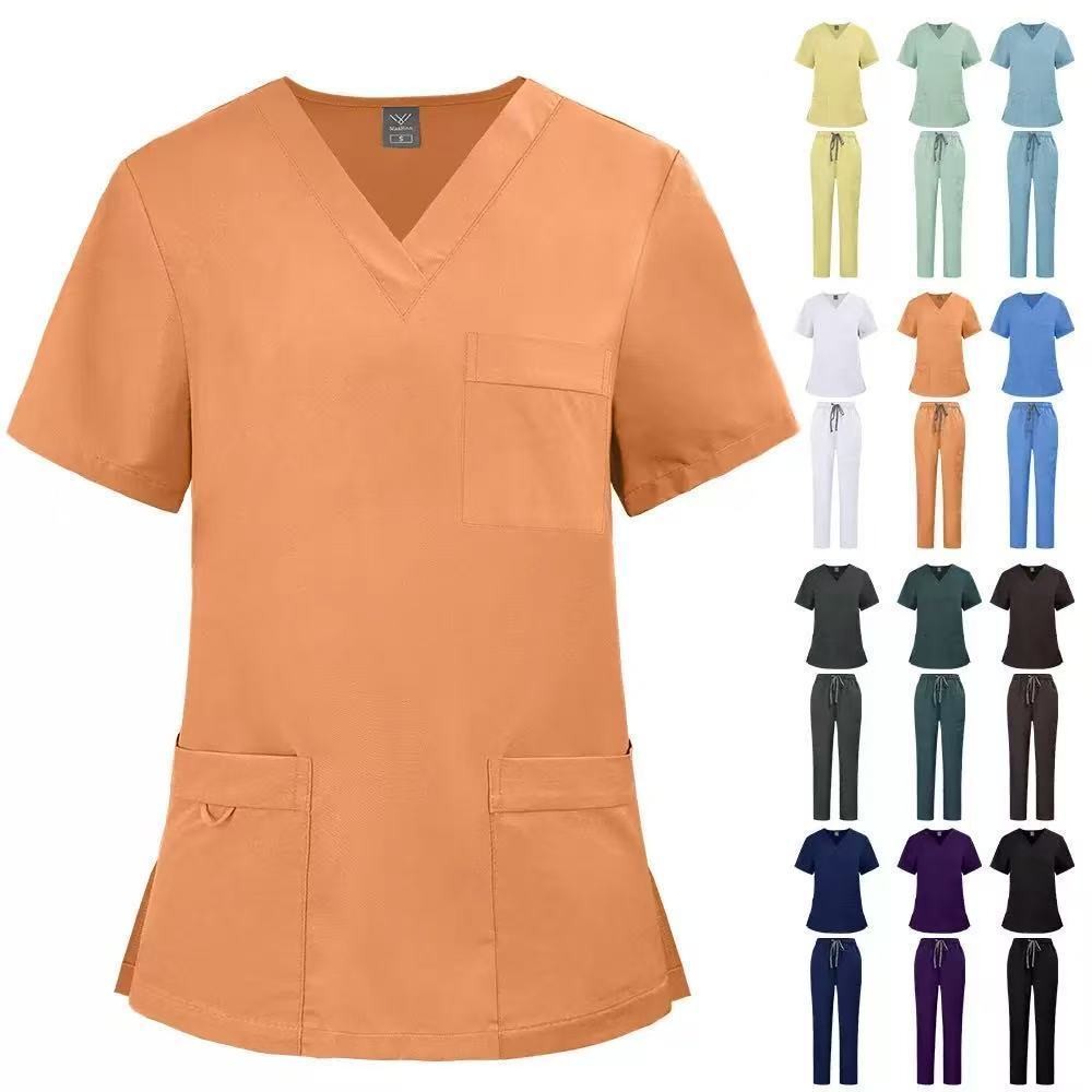 2025 สินค้าใหม่ NiaaHinn ผู้ชายผู้หญิง Unisex ยืด Anti-Wrinkle Breathable Matte ชุด, Matching Overalls White Doctor ชุดพยาบาล [แขนสั้นคอวีด้านบน + กางเกงทรงตรง]