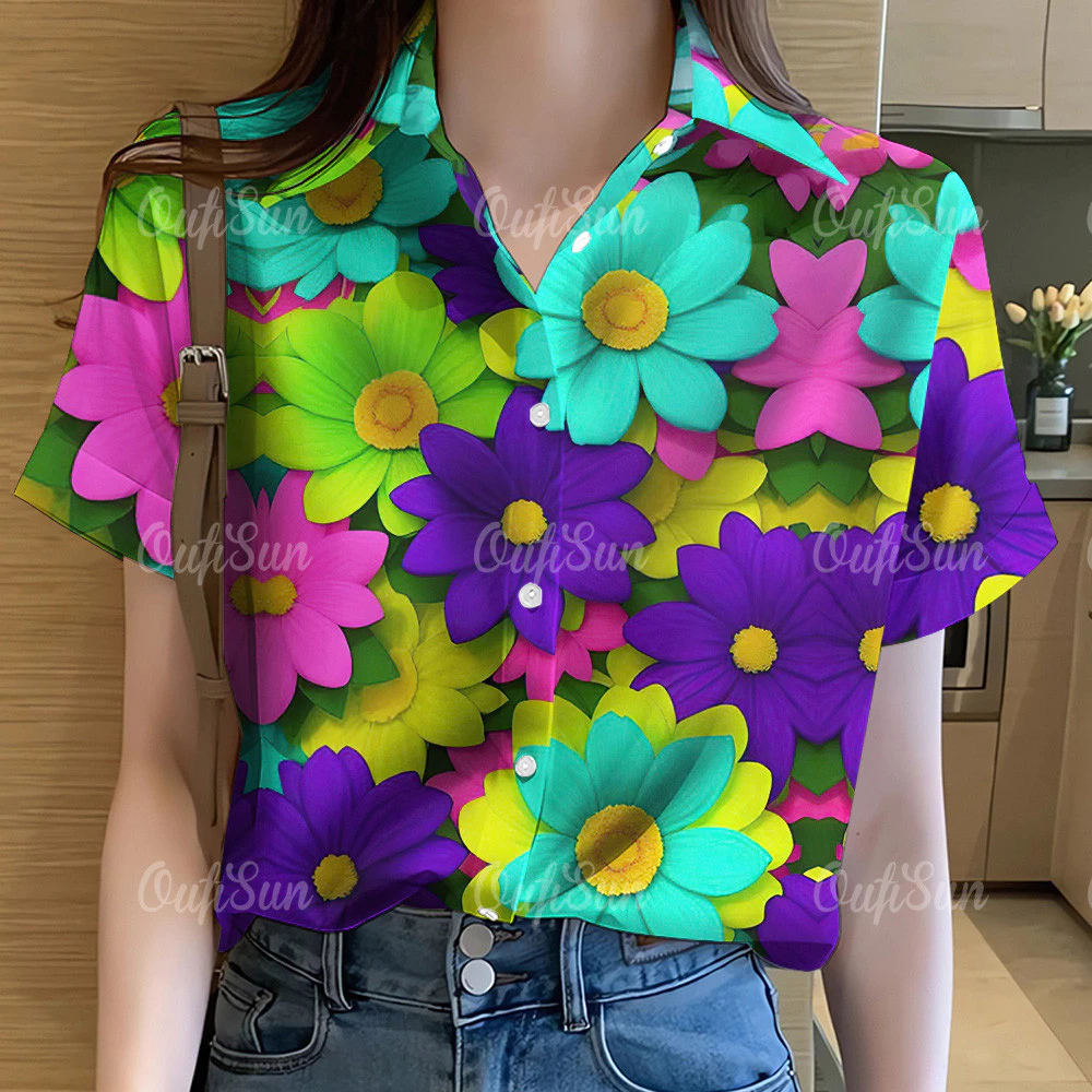 เสื้อลายดอกผู้หญิงแขนสั้น แขนฮาวาย ลําลอง โอเวอร์ไซส์ 2568 thumbnail 7