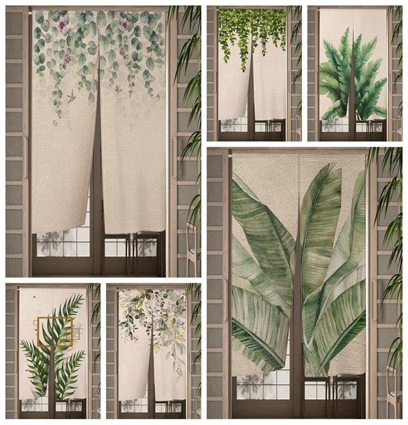 สีเขียว Leaf ญี่ปุ่น Noren ม่านประตู Tropical พืชห้องครัวห้องนอน Simple Doorway ผ้าม่านตกแต่งทางเข้าครึ่งผ้าม่าน