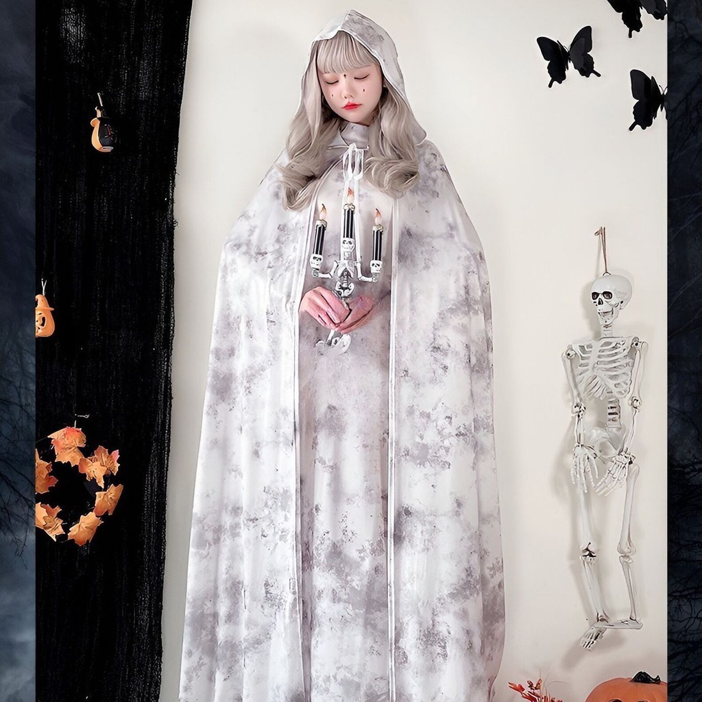 Halloween Costume White Print Vampire Suit Dress And Cape Two-Piece Party Cosplay Dress