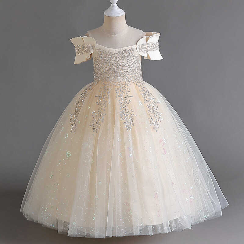 ❤ Kids Girls A-Line Floor Length Dresses White Champagne Pink Wedding Evening Gowns Sequin Garmen