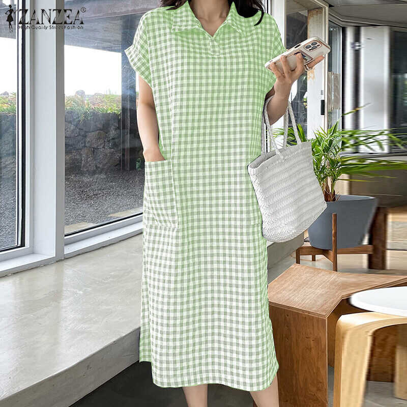 ➧ Esolo ZANZEA Womens Short Sleeve V Neck Checked Shirt Casual Hawaiian Beach Maxi Dress KRS #8