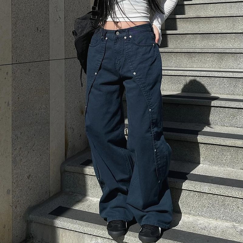 Shanmieleng Rivets แยกเรียบง ่ ายอินเทรนด ์ Slimmer ดูกางเกงยีนส ์ ins สไตล ์ High Street Casual Cropped Overalls ผู ้ หญิง