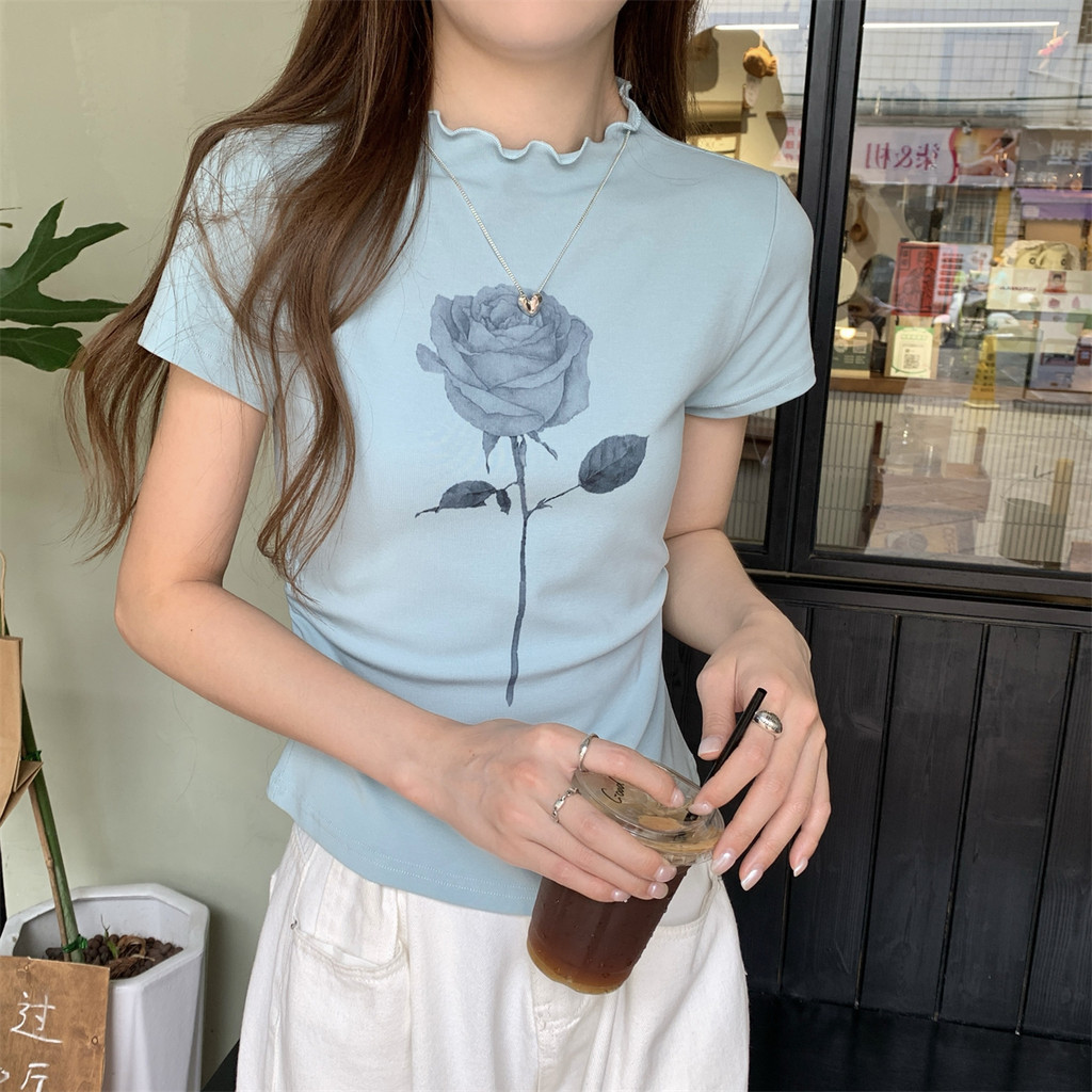 75132 Rose Print Half High Neck Slim-fit Classy Pure Cotton Short-Sleeved
