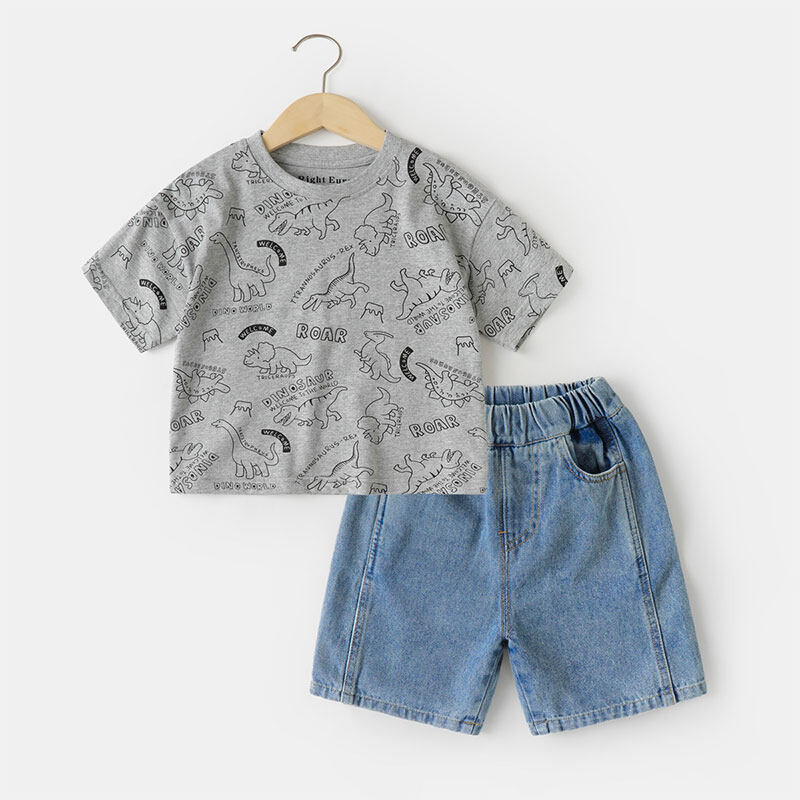 0-5 ปีเสื้อผ้าเด็กทารกชุดเด็กสบายๆไดโนเสาร์พิมพ์ลูกเรือคอเสื้อยืดกางเกงขาสั้นผ้ายีนส์ชุดด้านบน + กางเกงขาสั้นชุดสองชิ้นผ้าฝ้