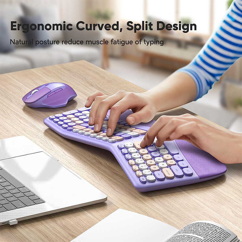 USB Ergonomic 2.4G Wireless Comfortable Natural Typing Split Keyboard and Mouse Combo with Palm Res