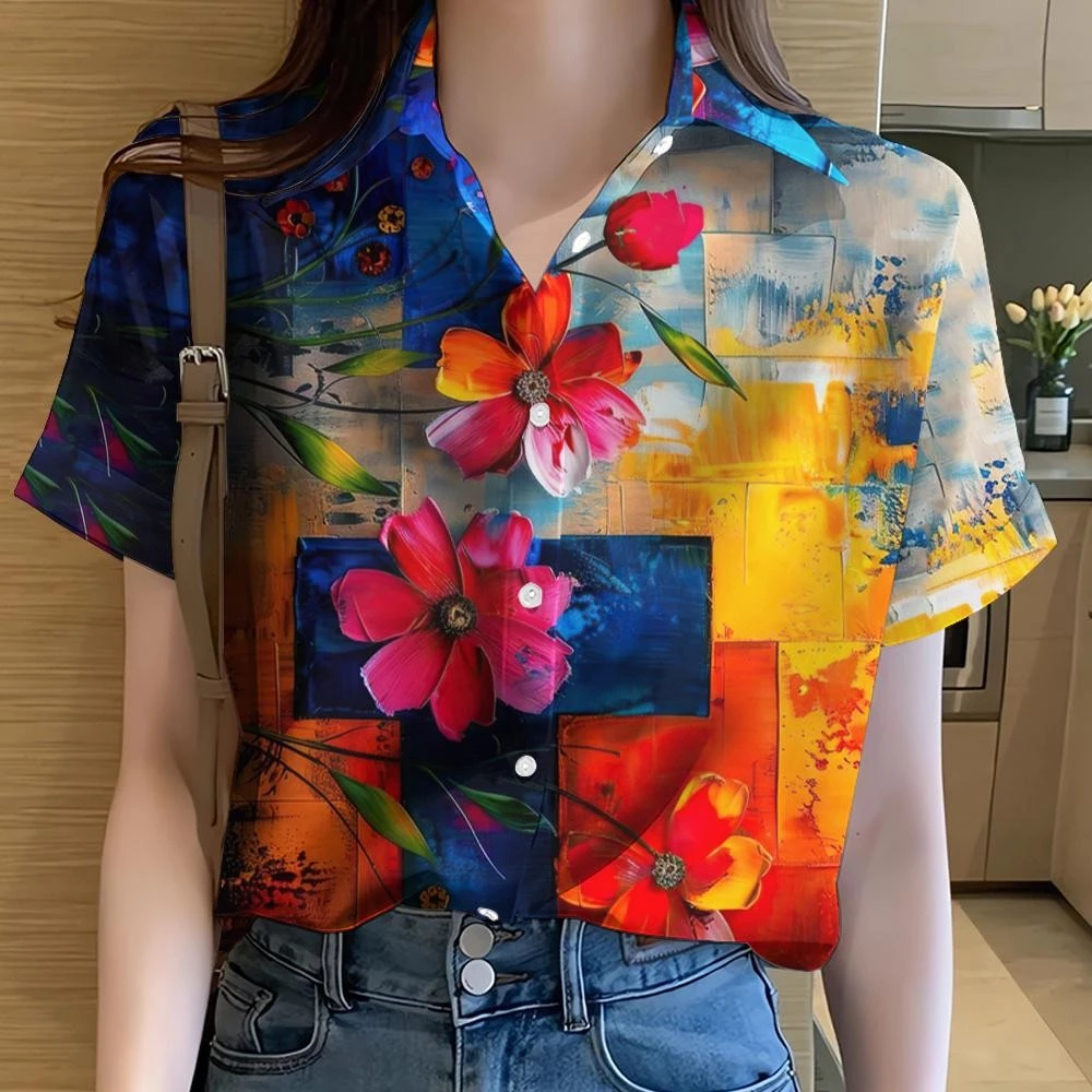 เสื้อลายดอกผู้หญิง ทรงฮาวาย แขนสั้น ลายรุ้ง thumbnail 3