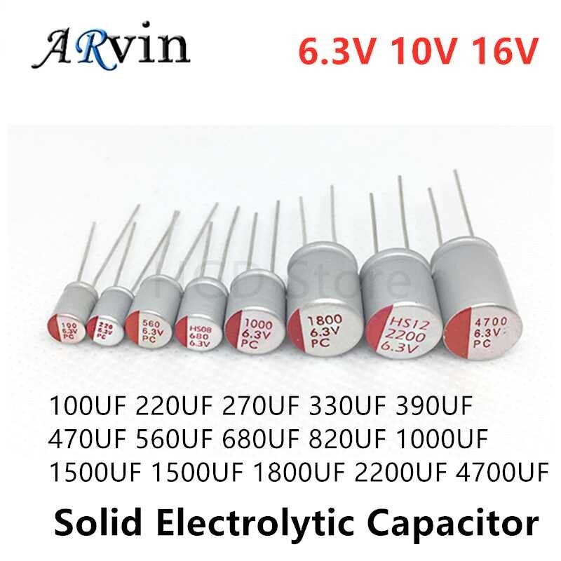 10Pcs ใหม่ DIP Solid Electrolytic Capacitor Super Low ESR 6.3V 10V 16V 100Uf 150 220 270 330 470 560