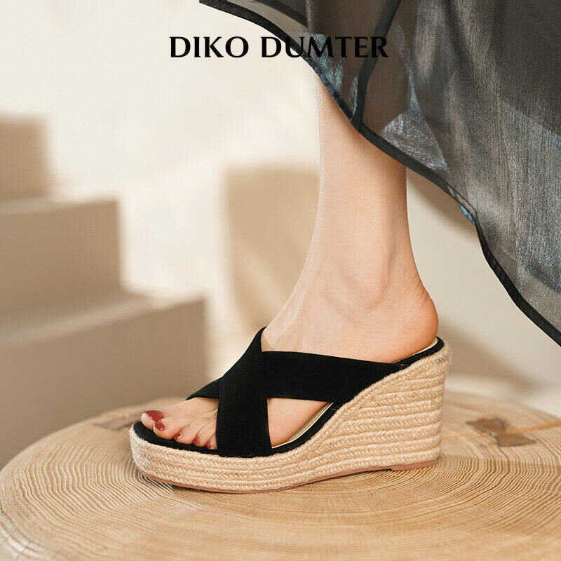 Women Fashion DikoDumter Straw Slippers Female Summer Cross Belt Wedge Heel Sandals