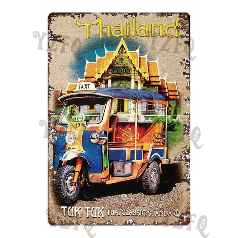 Vintage Thailand Travel โปสเตอร์ Tuk รถแท็กซี่ช้างไทยป้ายโลหะ Wall Bar ร้านอาหาร Home Craft Decor 30X20 ซม. DU-4682A