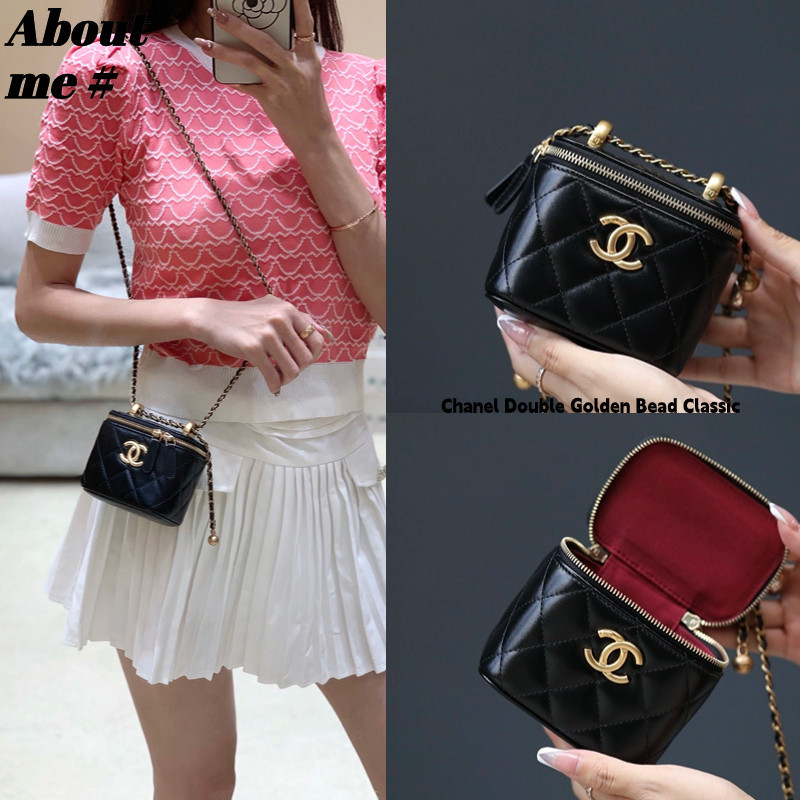 ♞,♘,♙Chanel Double Golden Bead Classic LOGO Small Golden Ball Chain Bag Leather Box Bag Ladies Flap