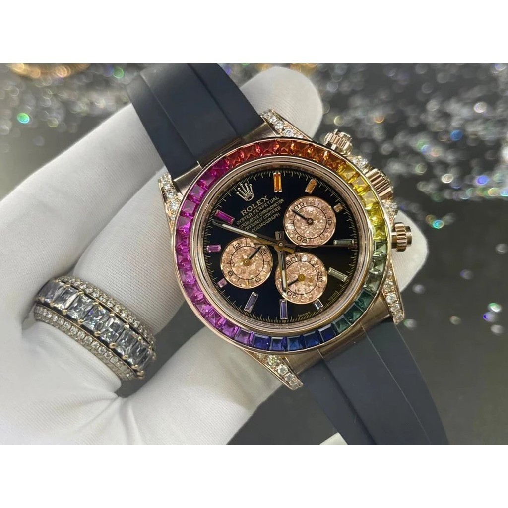 Laojia Rolex Daytona Series Rainbow Di นาฬิกากลไกนาฬิกาข ้ อมือแหวนอัญมณีที ่ มีสีสันพื ้ นผิวทองสี