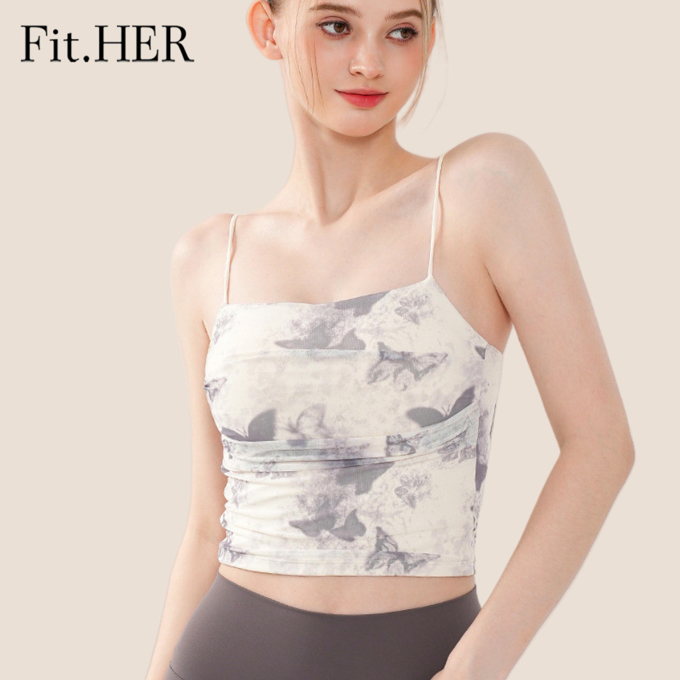 Fit.her Suspender Bra ผีเสื ้ อพิมพ ์ ผู ้ หญิงBreathableตาข ่ ายSlim Fitเซ ็ กซี ่ โยคะชุดสวยกลับAll-in-oneถ ้ วยกีฬาBra