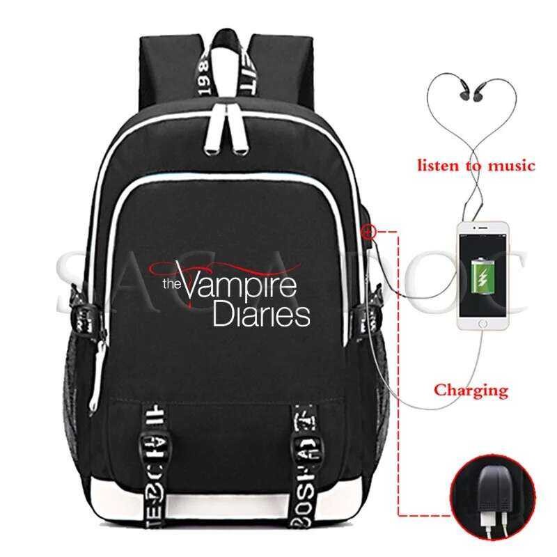 ❥ The Vampire Diaries USB กระเป๋าเป้สะพายหลังชาร์จผู้ชายแฟชั