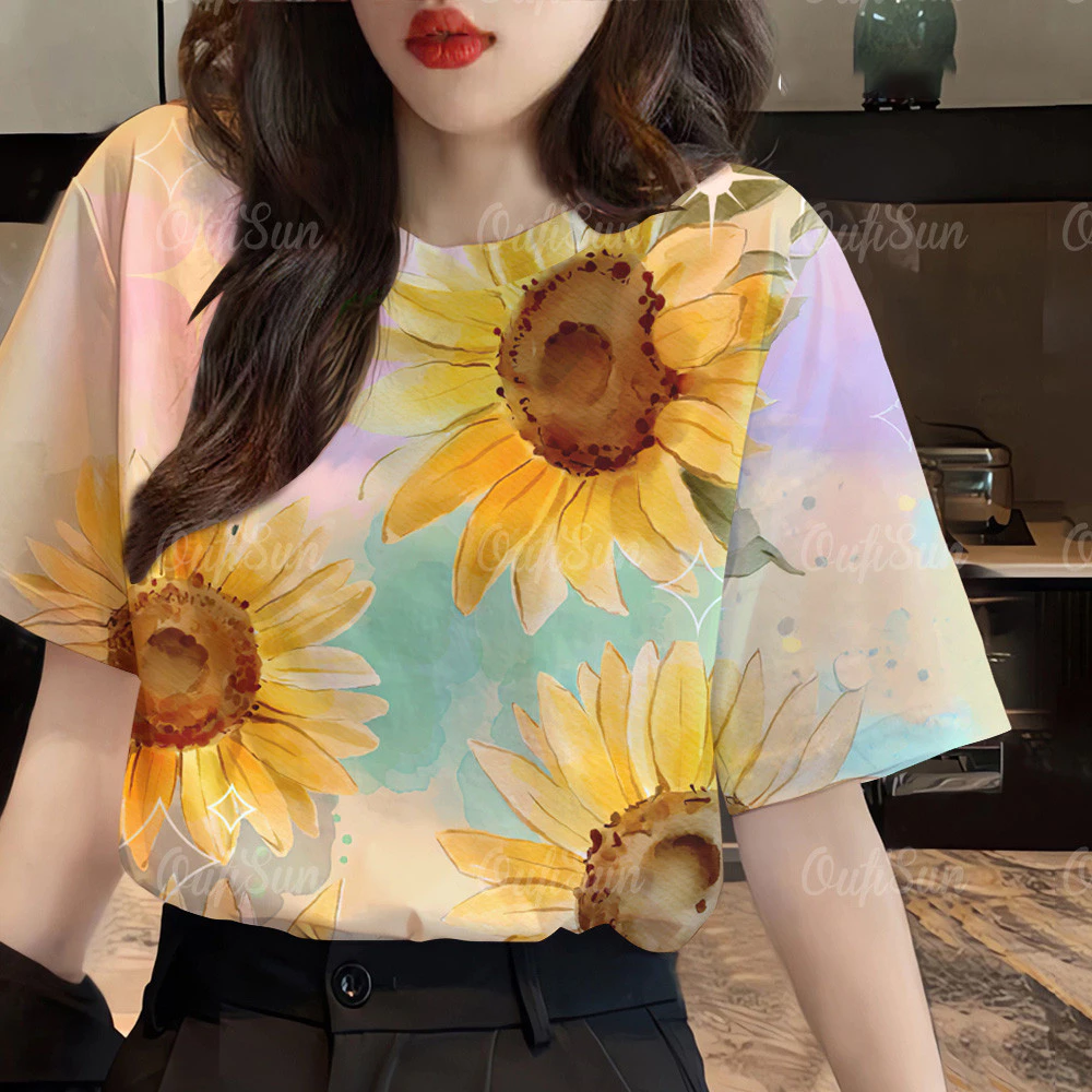 เสื้อยืดผู้หญิงลายดอกไม้แขนสั้น ทรงโอเวอร์ไซส์ รุ่น ส 15