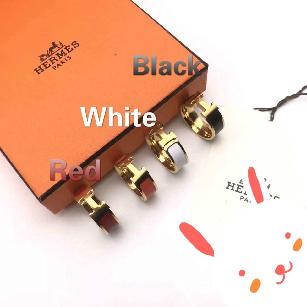 พร้อมส่ง แหวนทองคํา 8 มม. ลายโลโก้ Hermes สีดํา