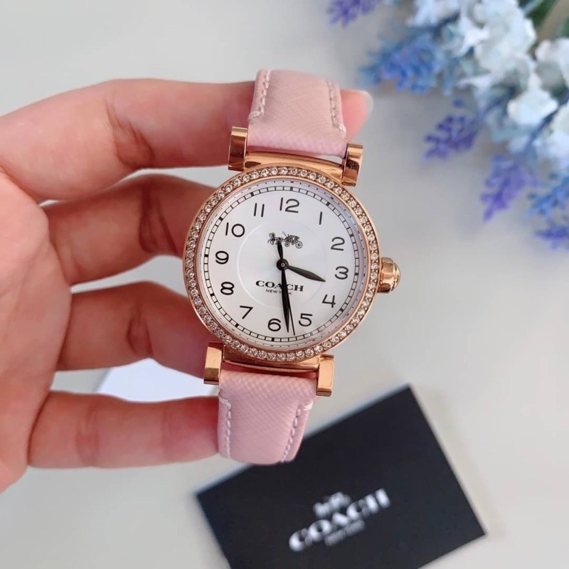 ♞(ผ่อน0%) นาฬิกา สายหนัง สีชมพู Coach Women's Madison 14503395 Pink Leather Strap Glitz Watch