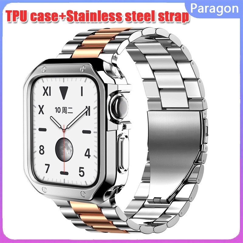 Tpu Protector Case + สายโลหะสร ้ อยข ้ อมือสแตนเลสเหมาะสําหรับ Apple Watch series 3 4 5 6 se 7 45 มม.44 มม.42 มม.41 มม .