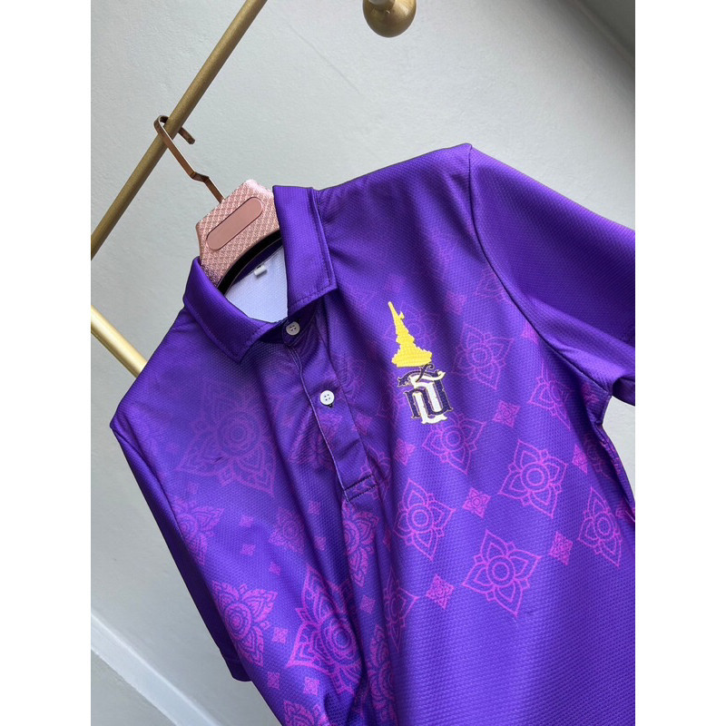 เสื้อโปโลพิมลายสีม่วง FN พร้อมโลโลโก้PTพิมลาย