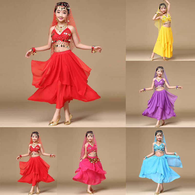HENGKE Kids' Girls Belly Dance Outfit Costume India Dance Clothes Top+Skirt