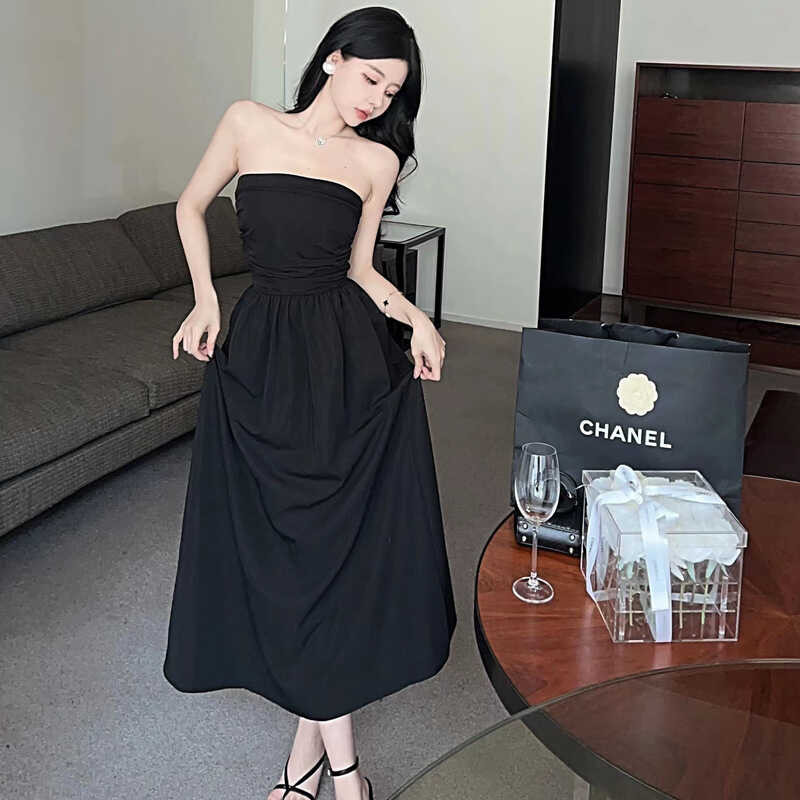 ➧ Ruo Bei Xuan Women's Solid Color Pleated Bottoming Tube Top Dress