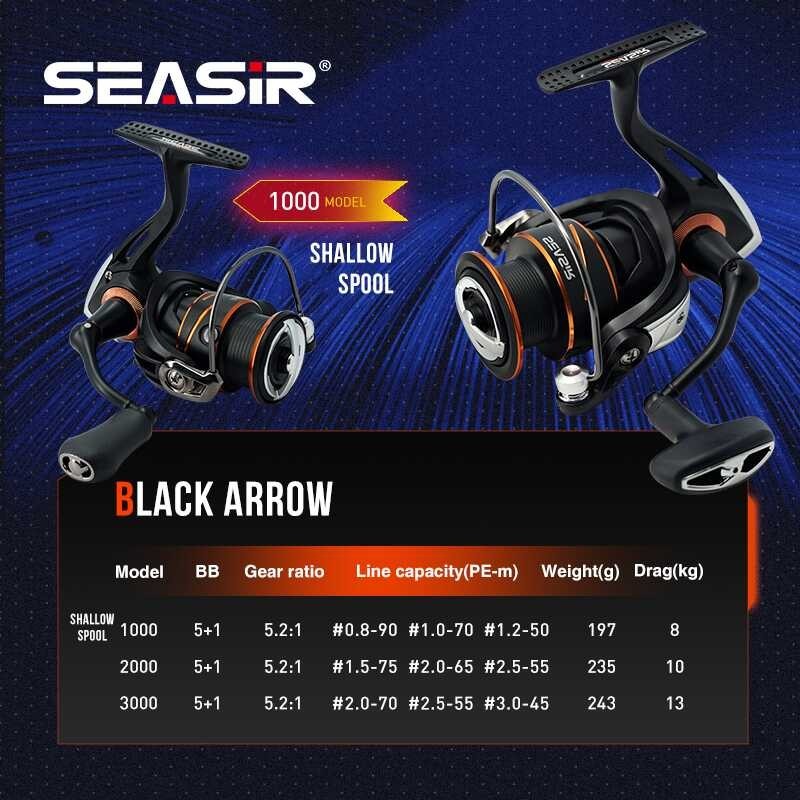SEASIR Black Arrow Spinning 5+1Bb Metal Main Gear Smoother Aluminum Spool Strong Drag Waterproof Hi
