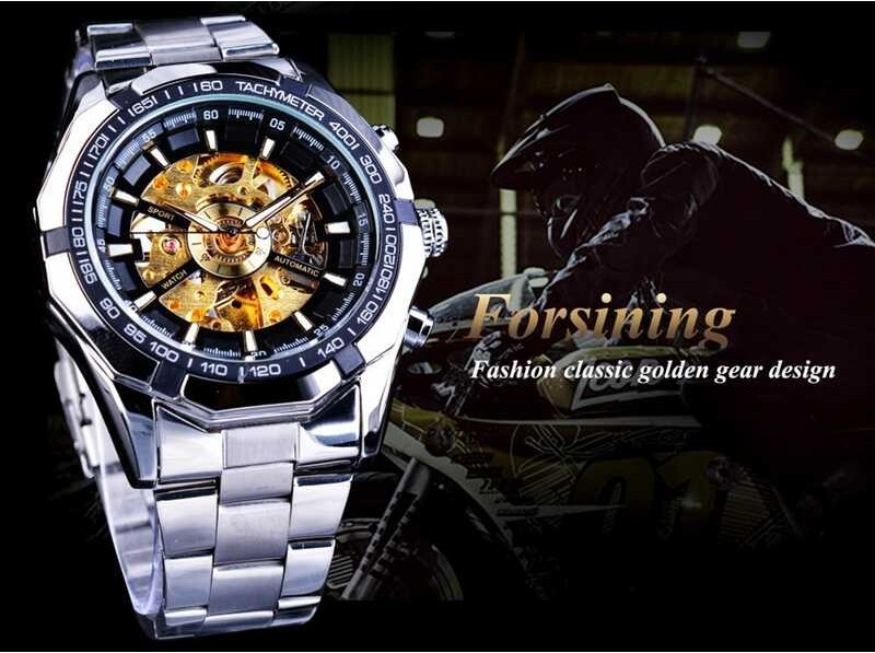 Forsining นาฬิกาข้อมือกลไกของผู้ชาย,นาฬิกาโชว์กลไกแบบใส