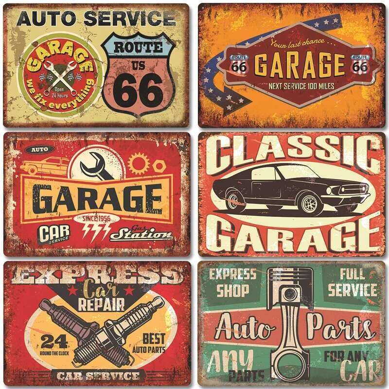 Dads Garage ป้ายดีบุกโลหะโปสเตอร์ Vintage Route 66 รถโลหะ Tinplate Retro Plaque โรงรถยาง Shop Wall A