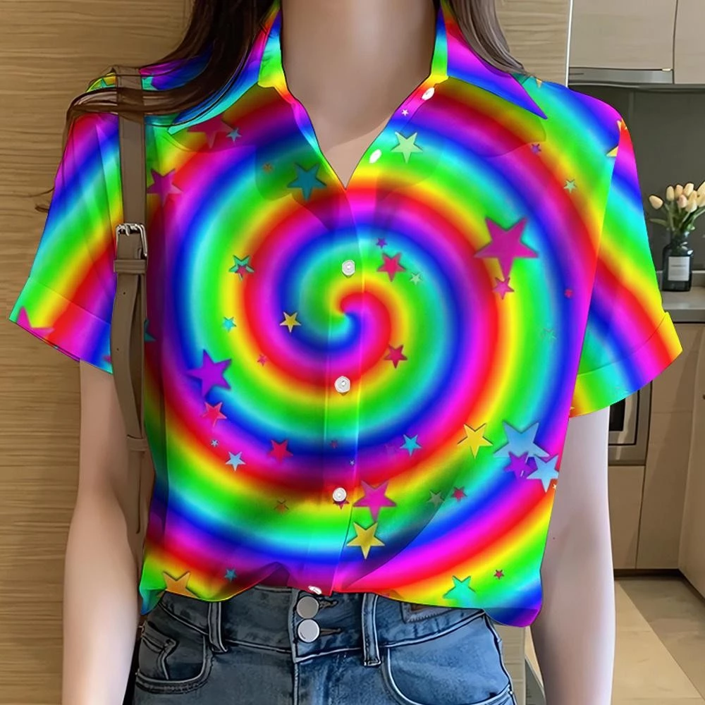 เสื้อเชิ้ตแขนสั้นพิมพ์ลายดอกไม้ สีรุ้ง สไตล์ฮาวาย สำหรับผู้หญิง thumbnail 3