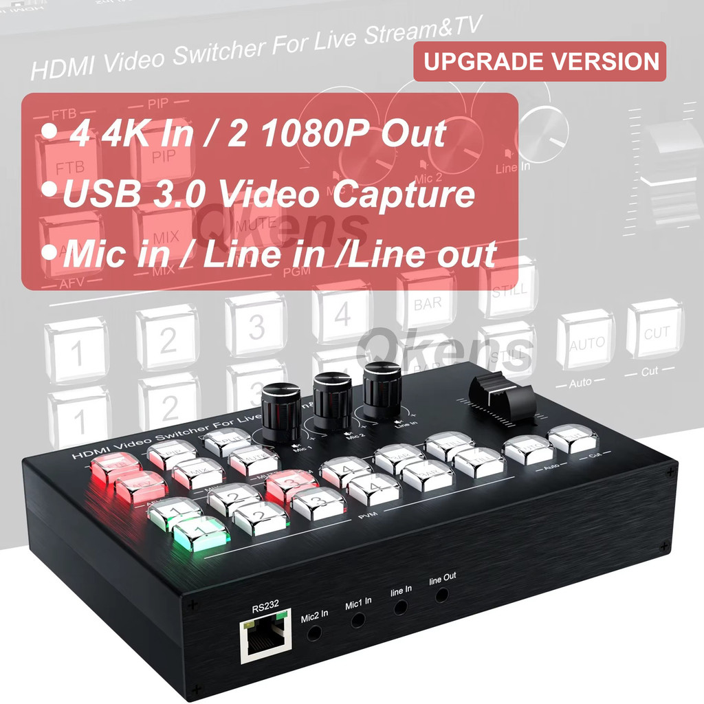 4K 4 Channel HDMI Video Multi Camera Switcher สําหรับถ่ายทอดสดสตรีมมิ่งการผลิต Video Mixer Switcher 