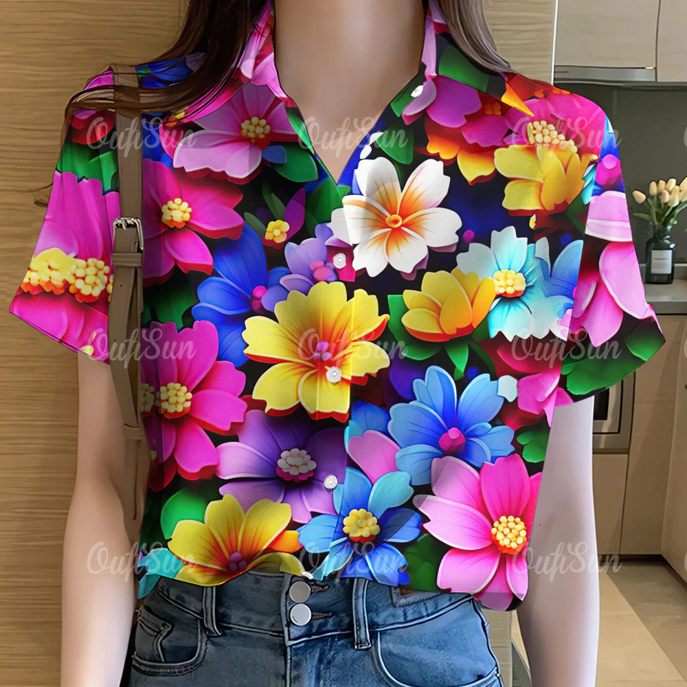 เสื้อลายดอกผู้หญิงแขนสั้น แขนฮาวาย ลําลอง โอเวอร์ไซส์ 2568 thumbnail 3