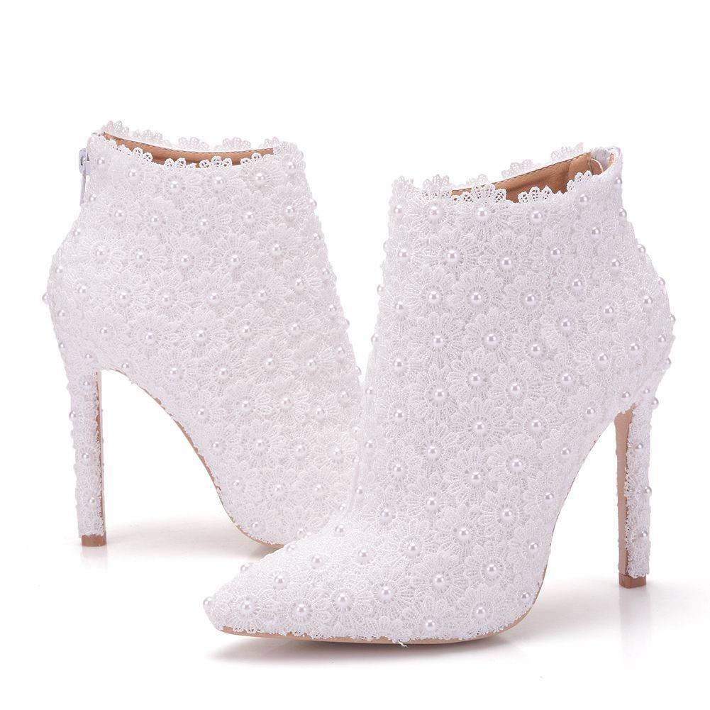 Queen'white Lace Wedding Shoes Boots Stiletto Pointed Toe Single High Heel Martin