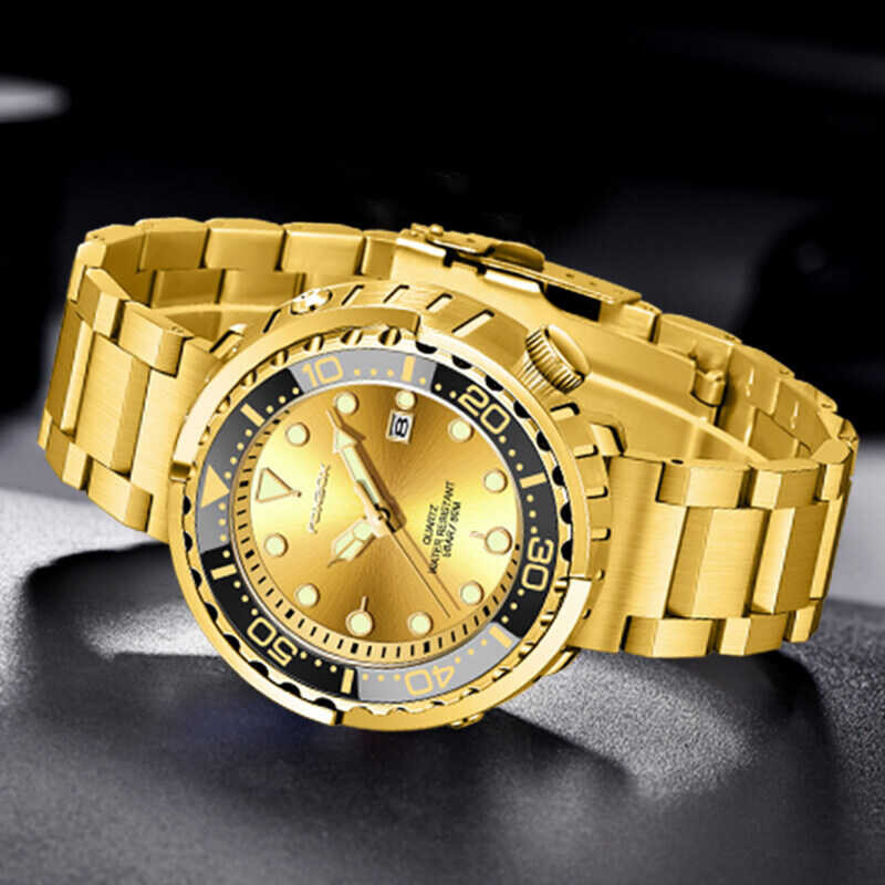 【Ready】 LIGE × FOXBOX Original Men Quartz Watch Stainless Steel Gold Luminous Calendar 50M Waterp