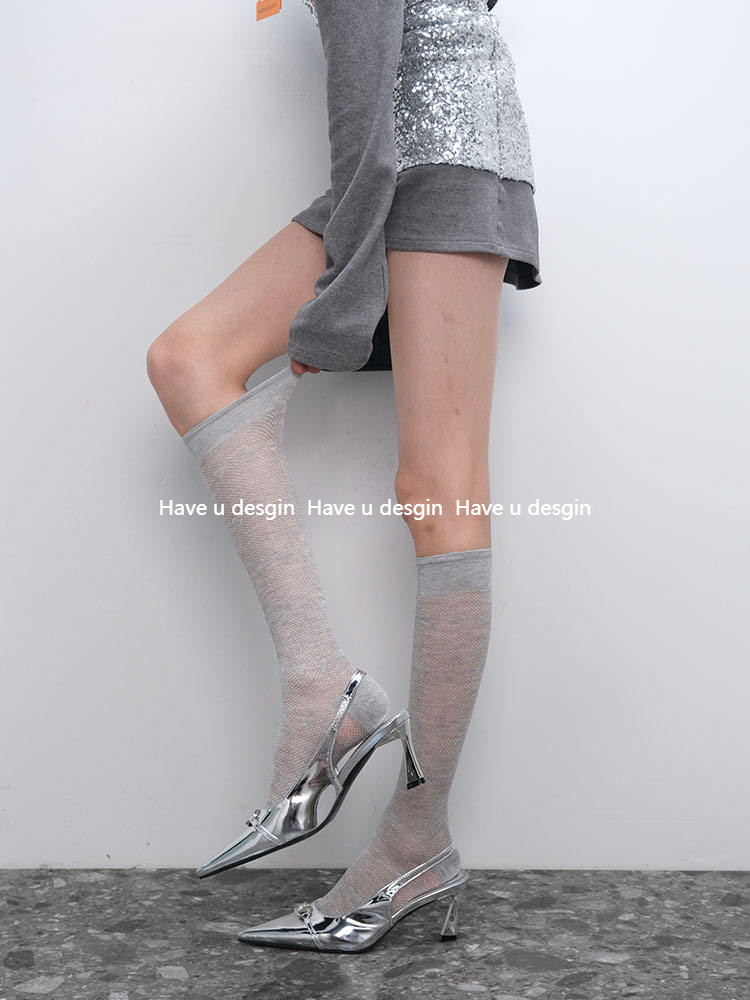 Have u desgin Spring Summer French Retro Cool Niche Hollow Heart Grey Calf Socks