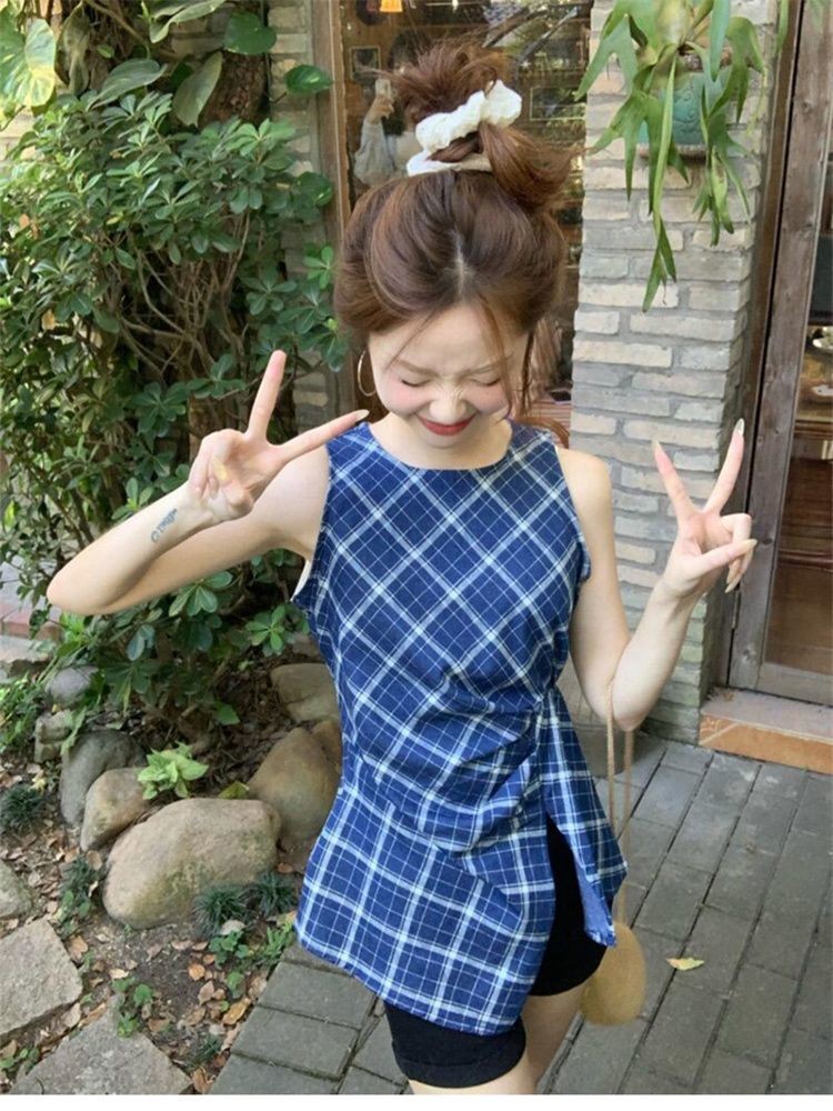 Retro คอกลมลายสก๊อตสีฟ้าเสื้อกั๊กแยกผู้หญิงฤดูร้อน Niche Design Feel All-Match Slimmer ดูจีบด้านบน - รูปที่ 7