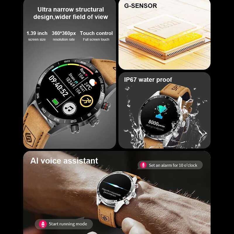 ❥ LIGE ยี่ห้อ Smartwatch สําหรับการเชื่อมต่อสมาร์ทโฟนทั้งหมดหน้าจอ AMOLED นาฬิกาผู้ชายสมาร์ทวอท