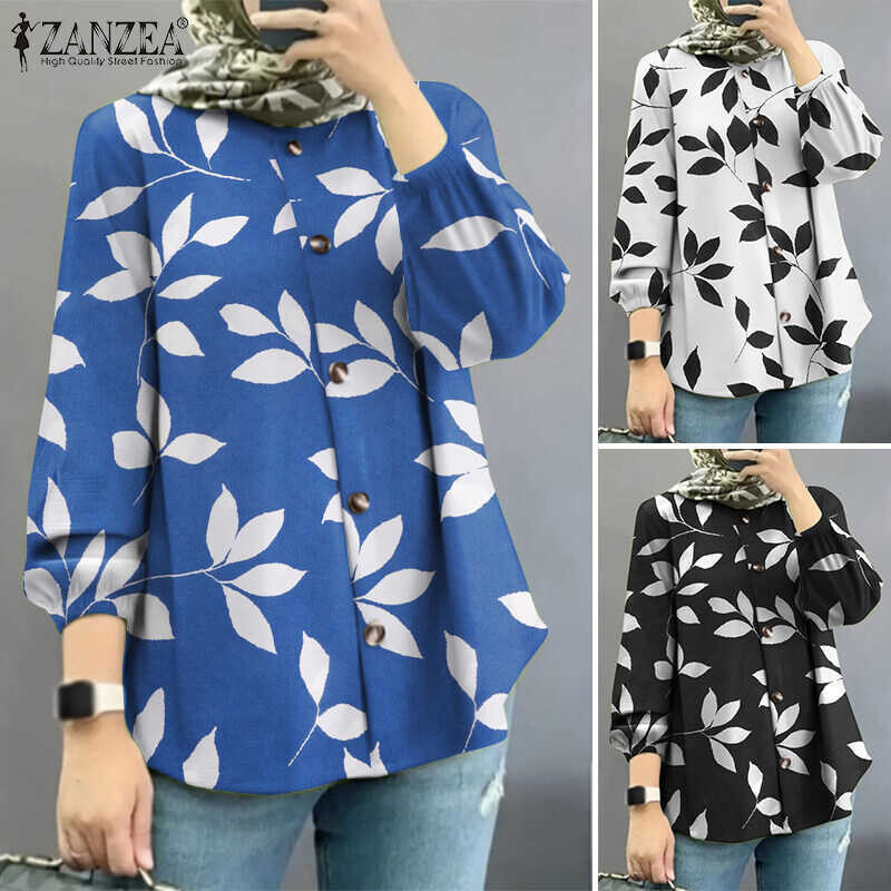 ❤ ZANZEA เสื้อคอกลมแขนพองผู้หญิงมุสลิม,เสื้อเสื้อพิมพ
