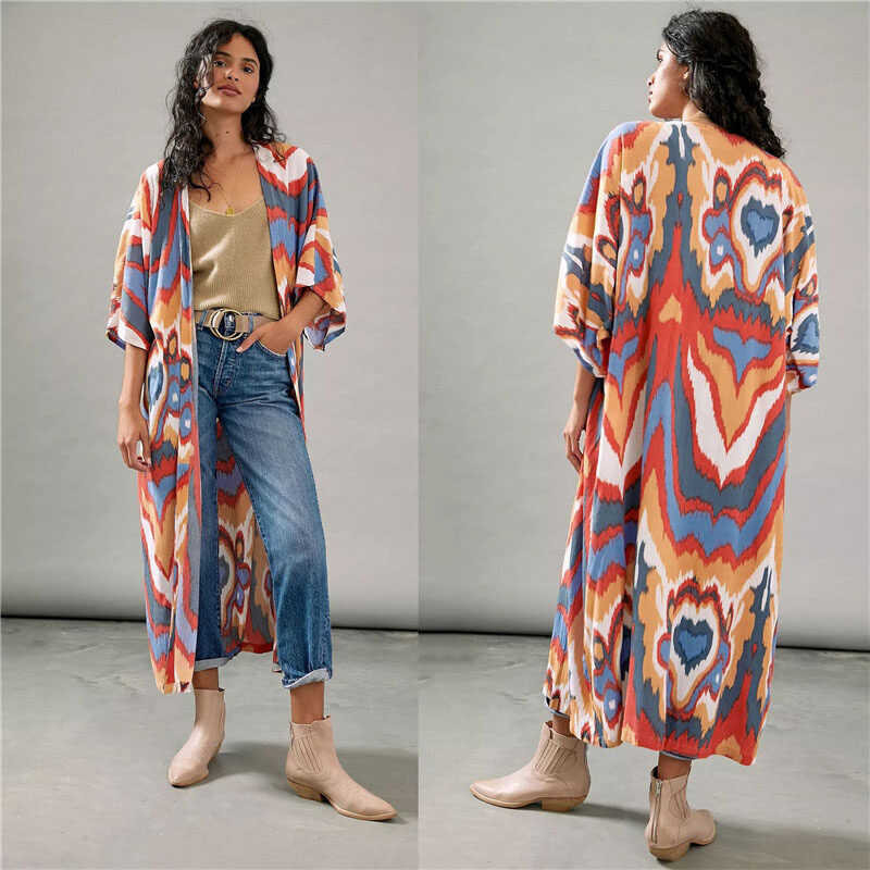 Cover Printing Bikini Up Bohemian Printed 3/4 Sleeve Kimono Summer Dress Tunic Women Wear Swim Suit