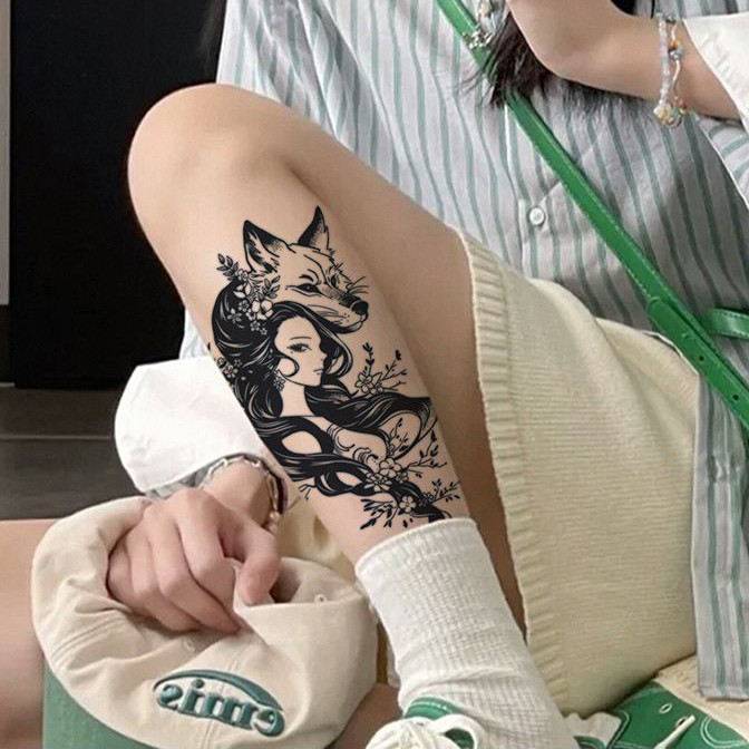 ♞,♘,♙ยอดนิยมหมาป่าสีขาว Geisha น้ำสมุนไพร Tattoo สติกเกอร์คุณภาพสูงญี่ปุ่นกันน้ำกึ่งถาวรที่สมจริงรอ