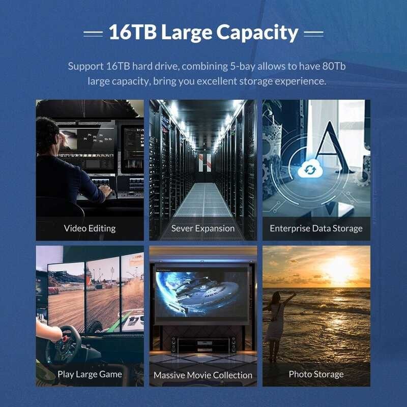 5 Bay ORICO 3.5'' Type C/USB3.0 Docking Station Aluminum 5Gbps 80TB Enclosure USB3.1 HDD Case with  